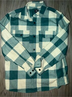 H&M Teal and Cream Plaid Lightweight Shirt Jacket